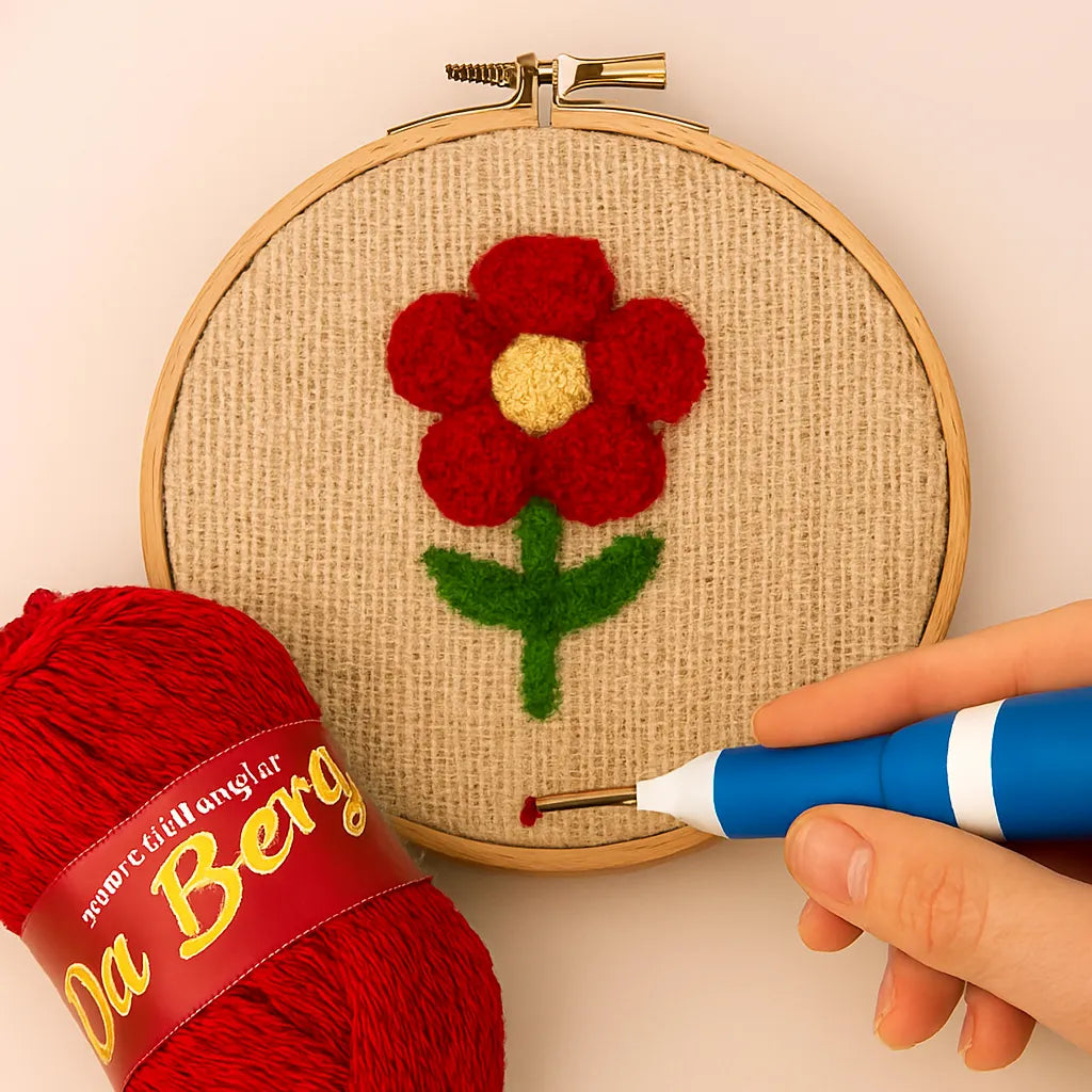 Embroidery hoop with a red flower design, red yarn, and a hand holding a needle on a beige background.