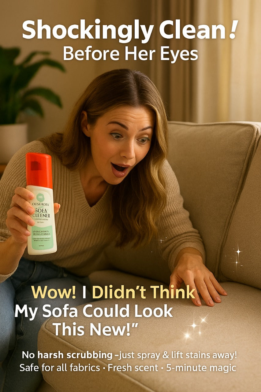 Woman on a couch holding a cleaning product with text about its effectiveness.