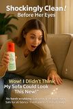 Woman on a couch holding a cleaning product with text about its effectiveness.