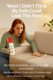 Woman holding a cleaning spray bottle next to a beige sofa with text about the cleaning product.