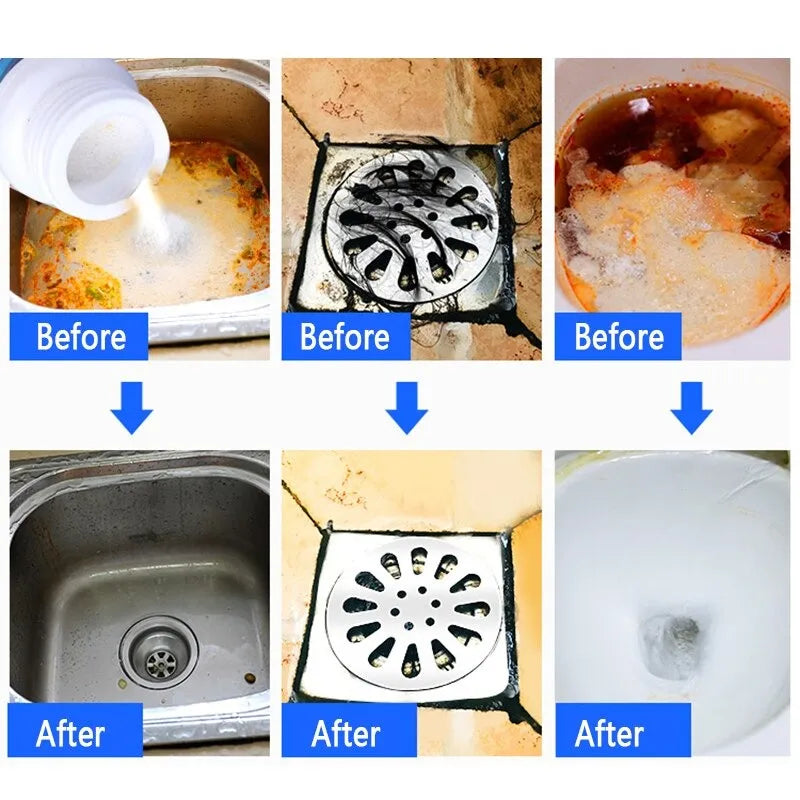Before and after cleaning images of a sink, drain, and other kitchen fixtures.