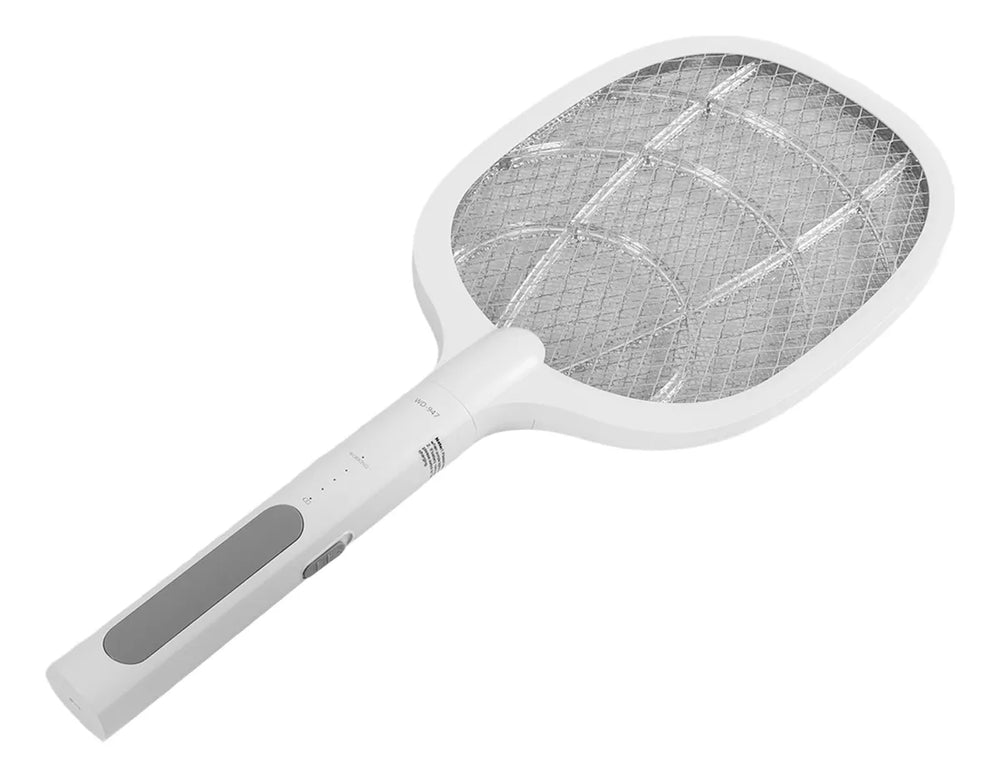 White fly swatter with a mesh surface on a white background