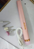 Pink electronic device with attachments on a white surface