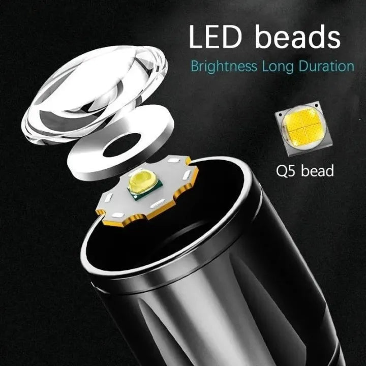 LED bead components with 'Brightness Long Duration' text on a dark background