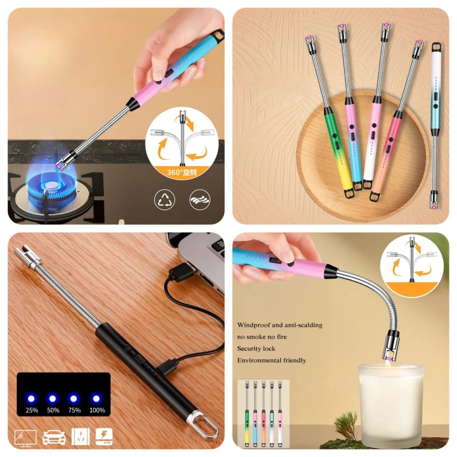 Rechargeable plasma arc lighter with a 360° rotatable design for convenient use indoors and outdoors.