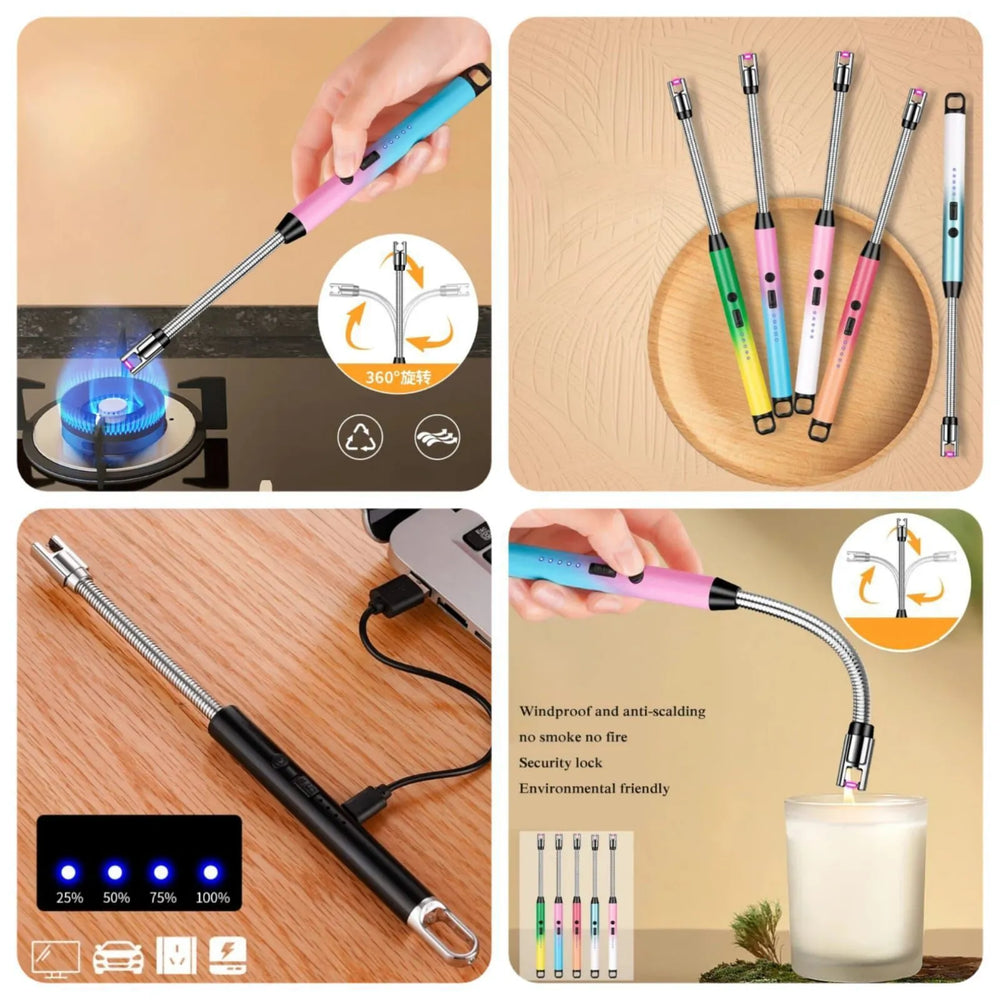 Rechargeable plasma arc lighter with a 360° rotatable design for convenient use indoors and outdoors.