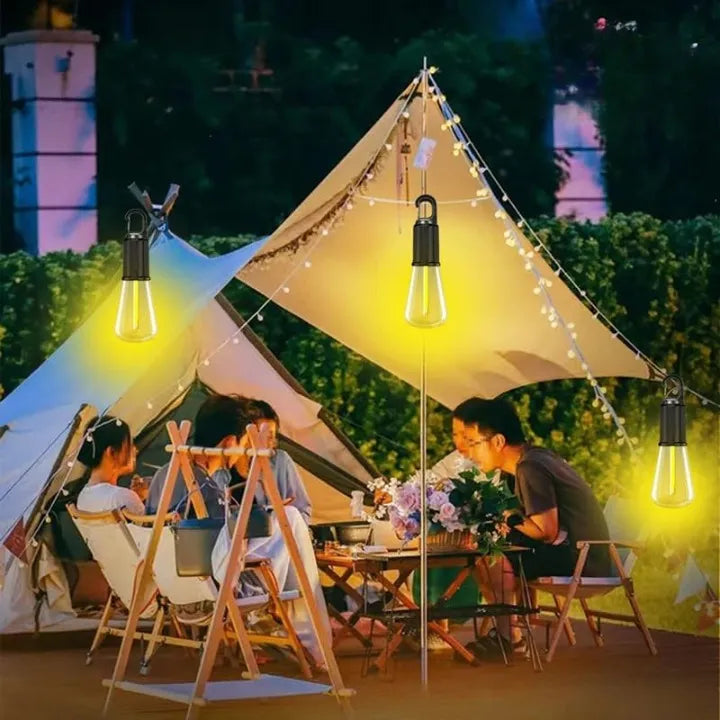 Rechargeable portable LED camping lantern with a hanging hook for bright outdoor and emergency lighting.