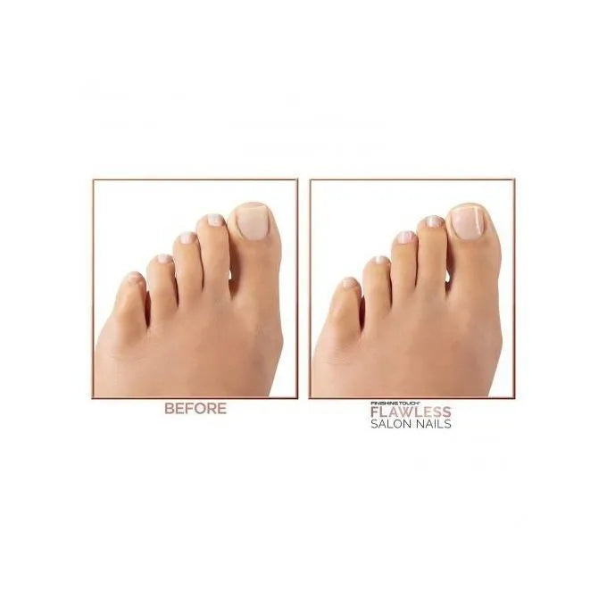 Before and after comparison of toes with 'Flawless Salon Nails' text.