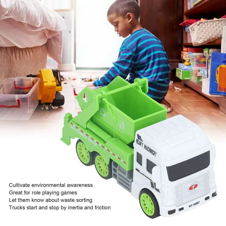 Child playing with a toy garbage truck in a room filled with toys.