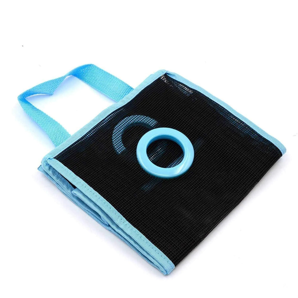 Black filter with blue frame and strap on a white background