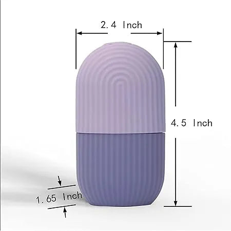 Purple cylindrical container with measurements on a white background