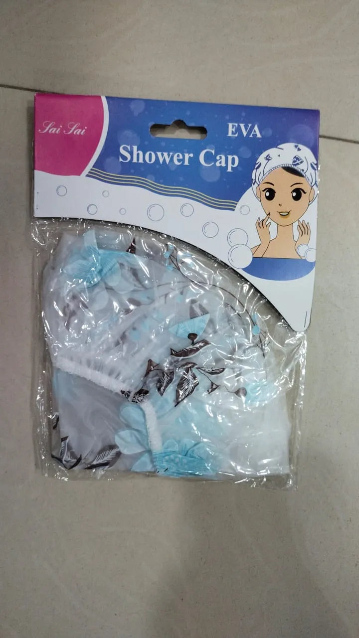 Shower cap in packaging with EVA branding on a beige background