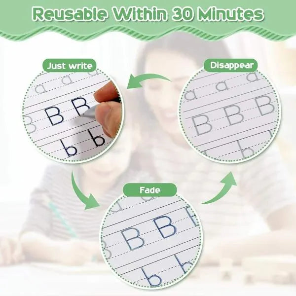 Reusable writing practice sheet for children with text 'Just write', 'Disappear', and 'Fade' on a white background.