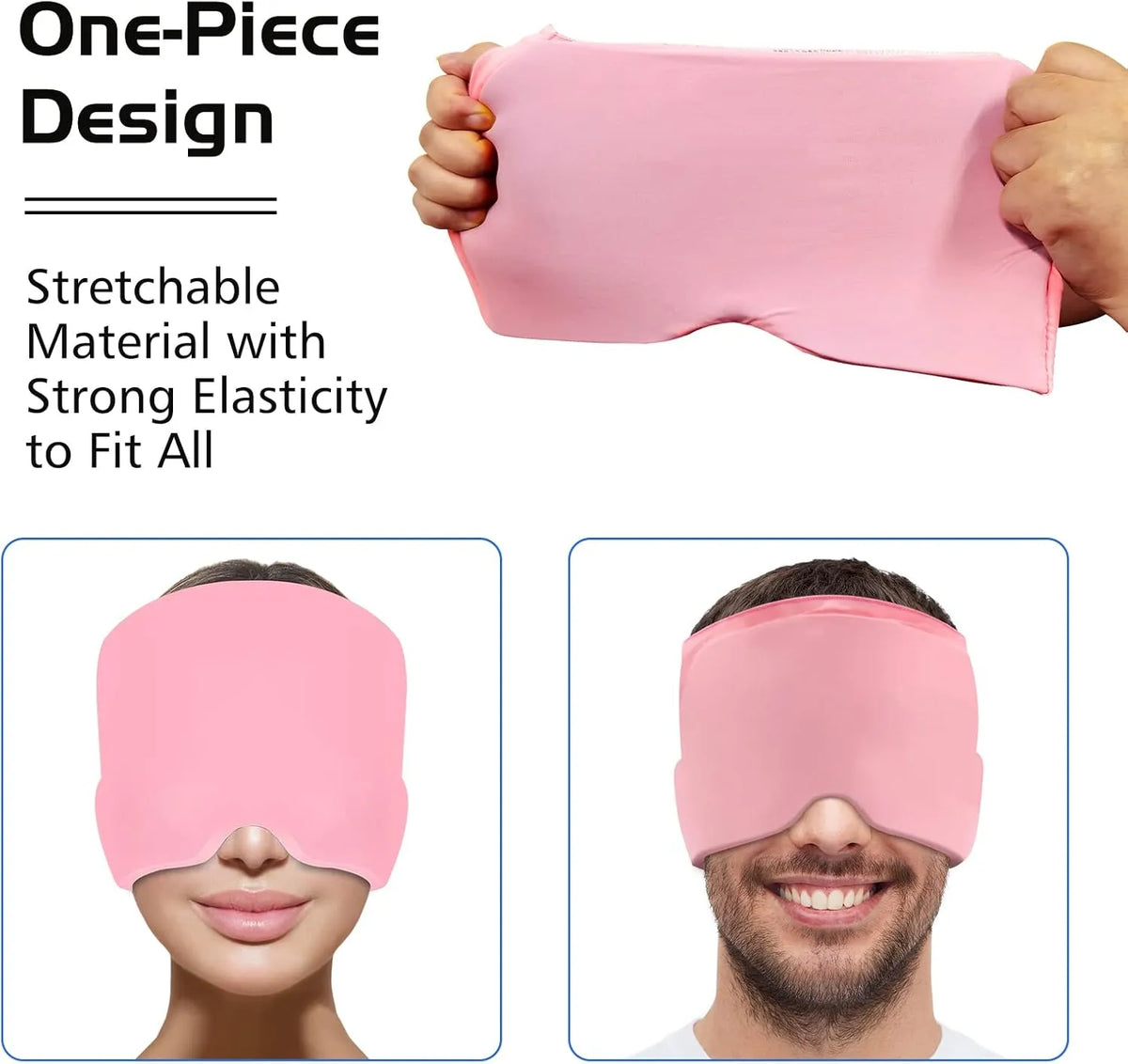 Pink sleep mask being stretched and worn by a person on a white background