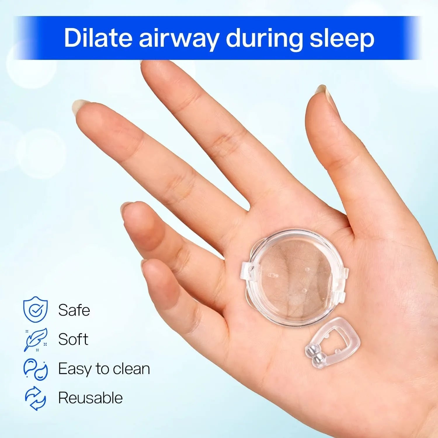 Small clear device held in a hand with text 'Dilate airway during sleep' and features listed on a light blue background.