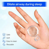 Small clear device held in a hand with text 'Dilate airway during sleep' and features listed on a light blue background.