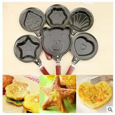A set of six mini frying pans with handles, featuring various shapes including a bear face, star, heart, and flower, displayed above three small food preparation photos showing cooked pancakes.
