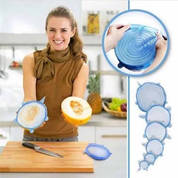 Woman holding a melon with silicone halves and showing the product's flexibility.