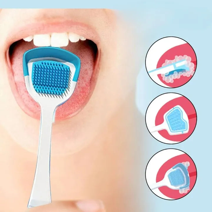 Reusable silicone tongue cleaner for maintaining oral hygiene and reducing bad breath.