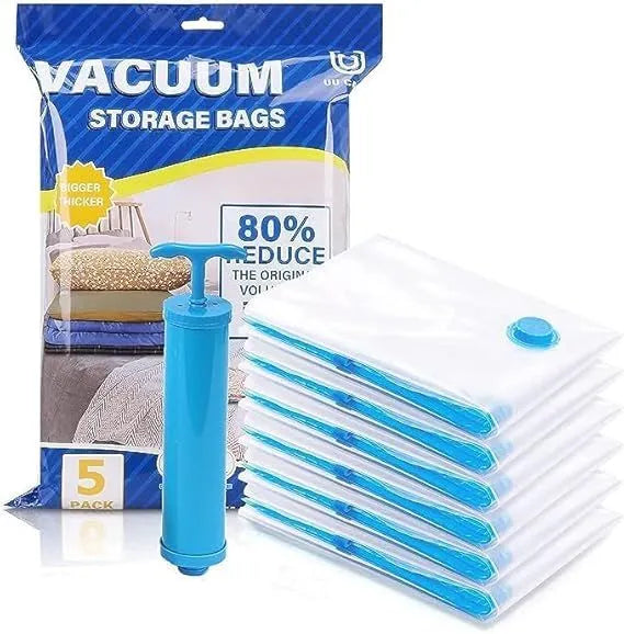 Vacuum storage bags with a pump and packaging on a white background