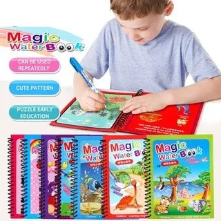 A child is shown coloring in a Magic Water Book with a blue pen, with five other colorful Magic Water Book covers lined up below. The image includes promotional text overlays on the left.