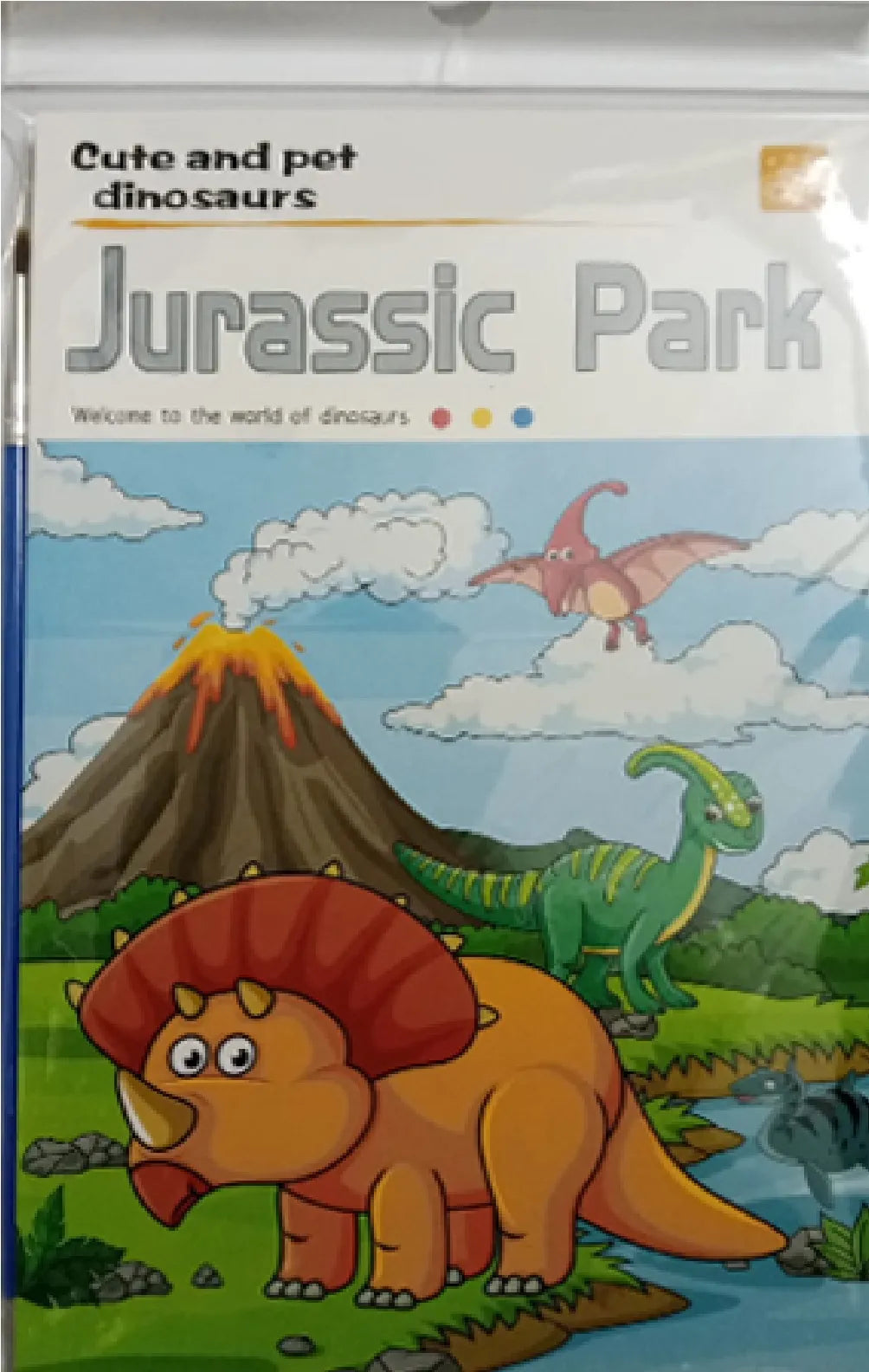 Children's book cover featuring cartoon dinosaurs with a volcano and sky background, titled 'Jurassic Park'.