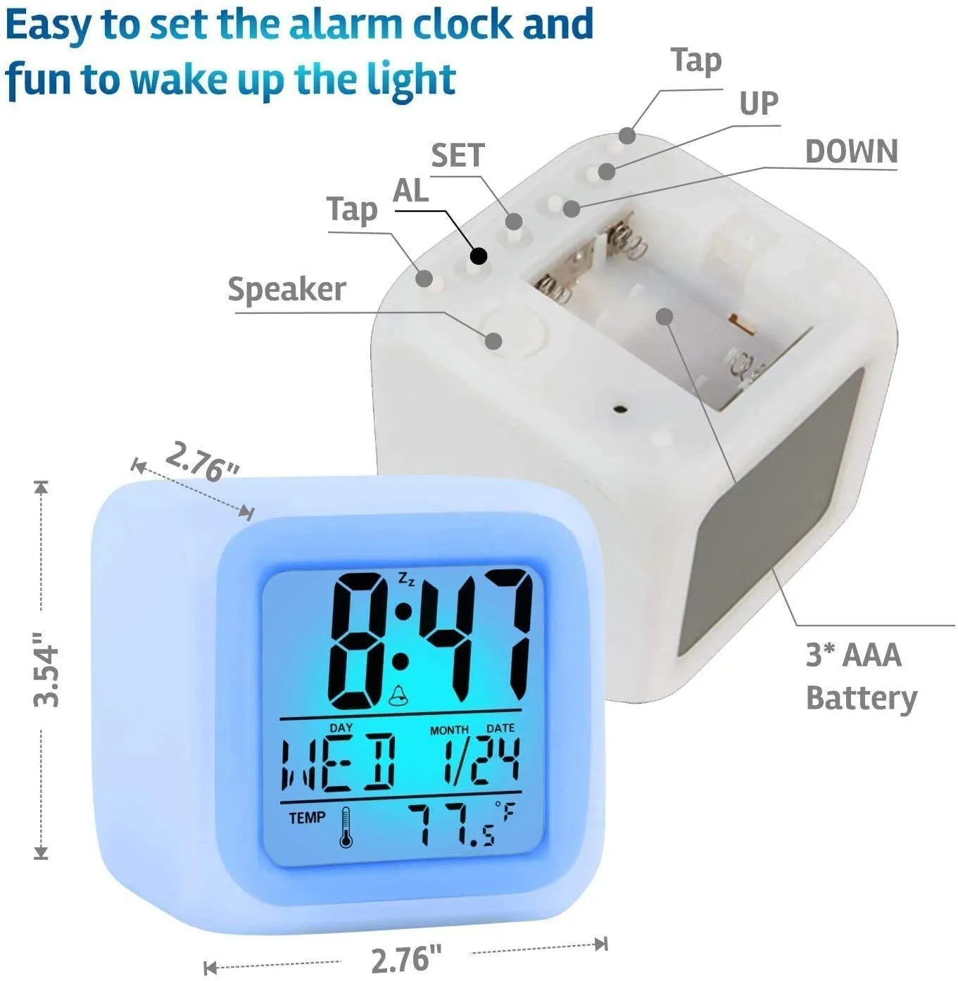 RGB LED digital alarm clock with seven vibrant colors, bright display, and alarm features.