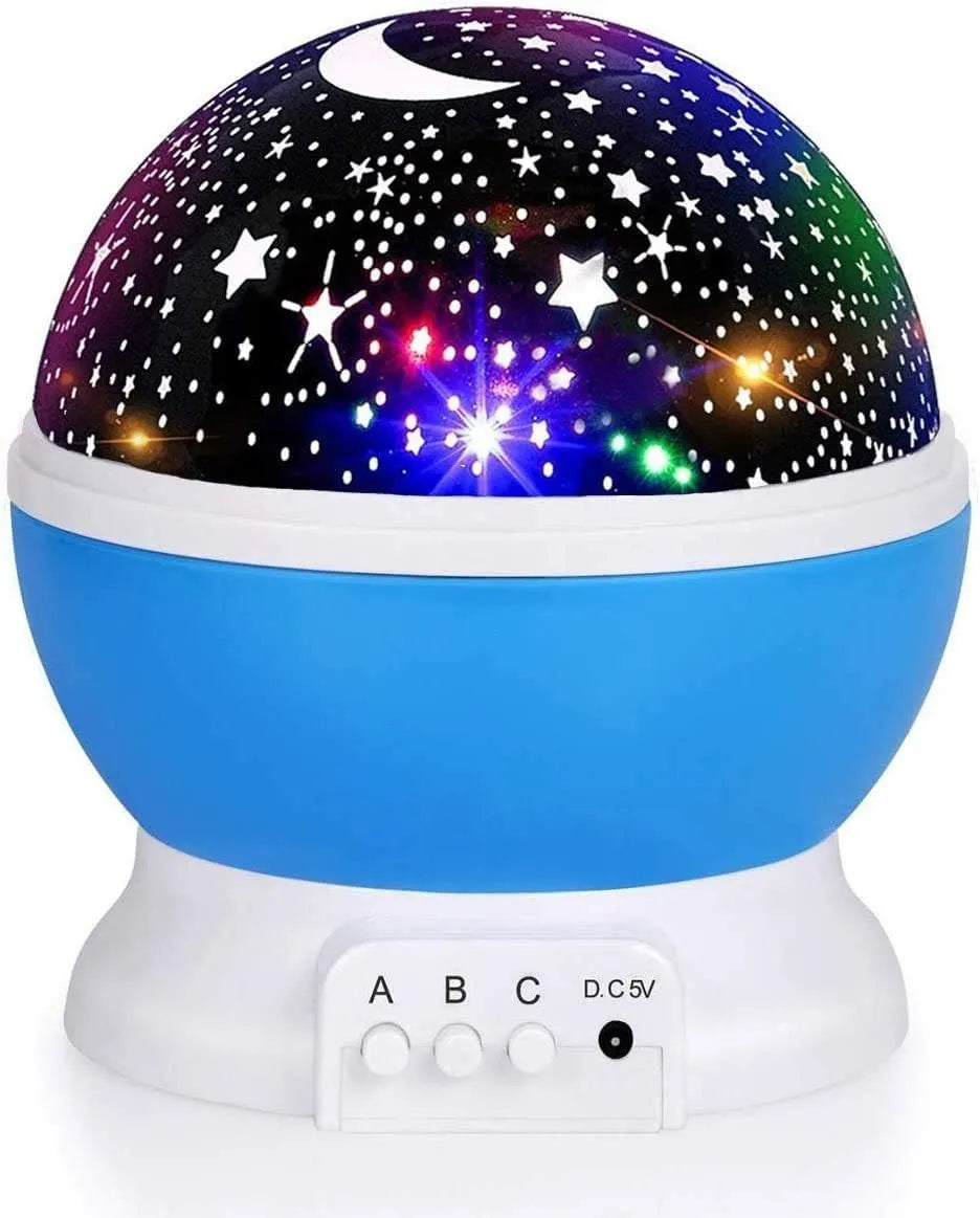 Starry sky LED projector lamp with rotating light effects for relaxing nighttime ambiance.