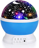 Starry sky LED projector lamp with rotating light effects for relaxing nighttime ambiance.
