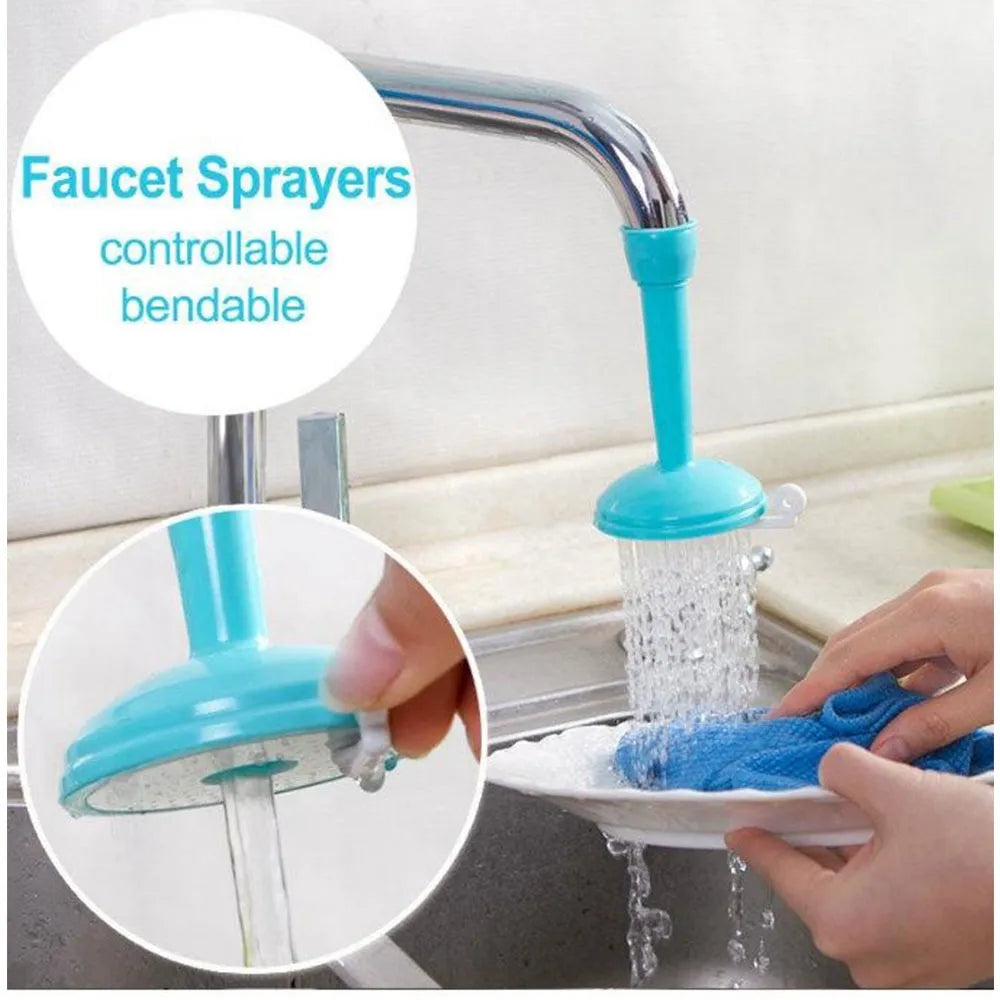 Blue faucet sprayer being used to wash a dish with a close-up of the sprayer head.