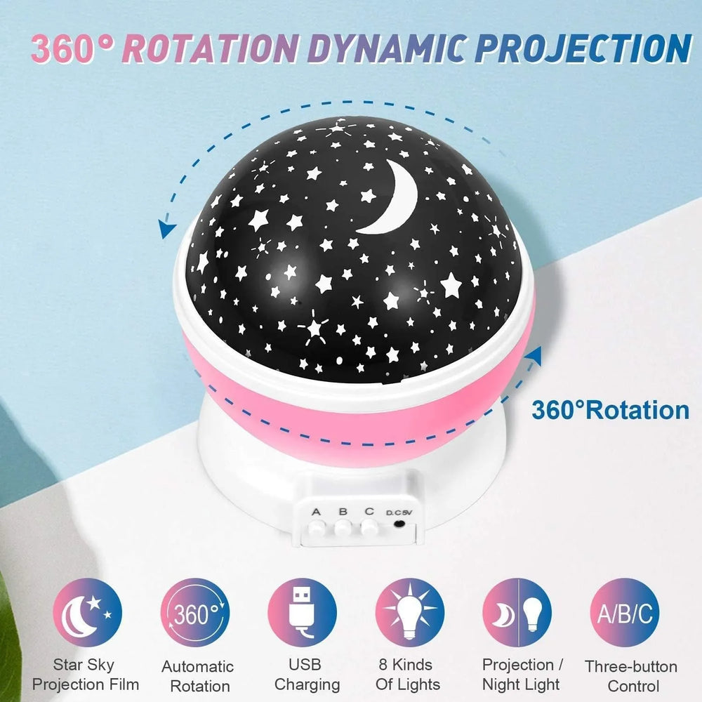 Rotating starry sky LED projector night lamp that creates a colorful celestial lighting effect for bedrooms.