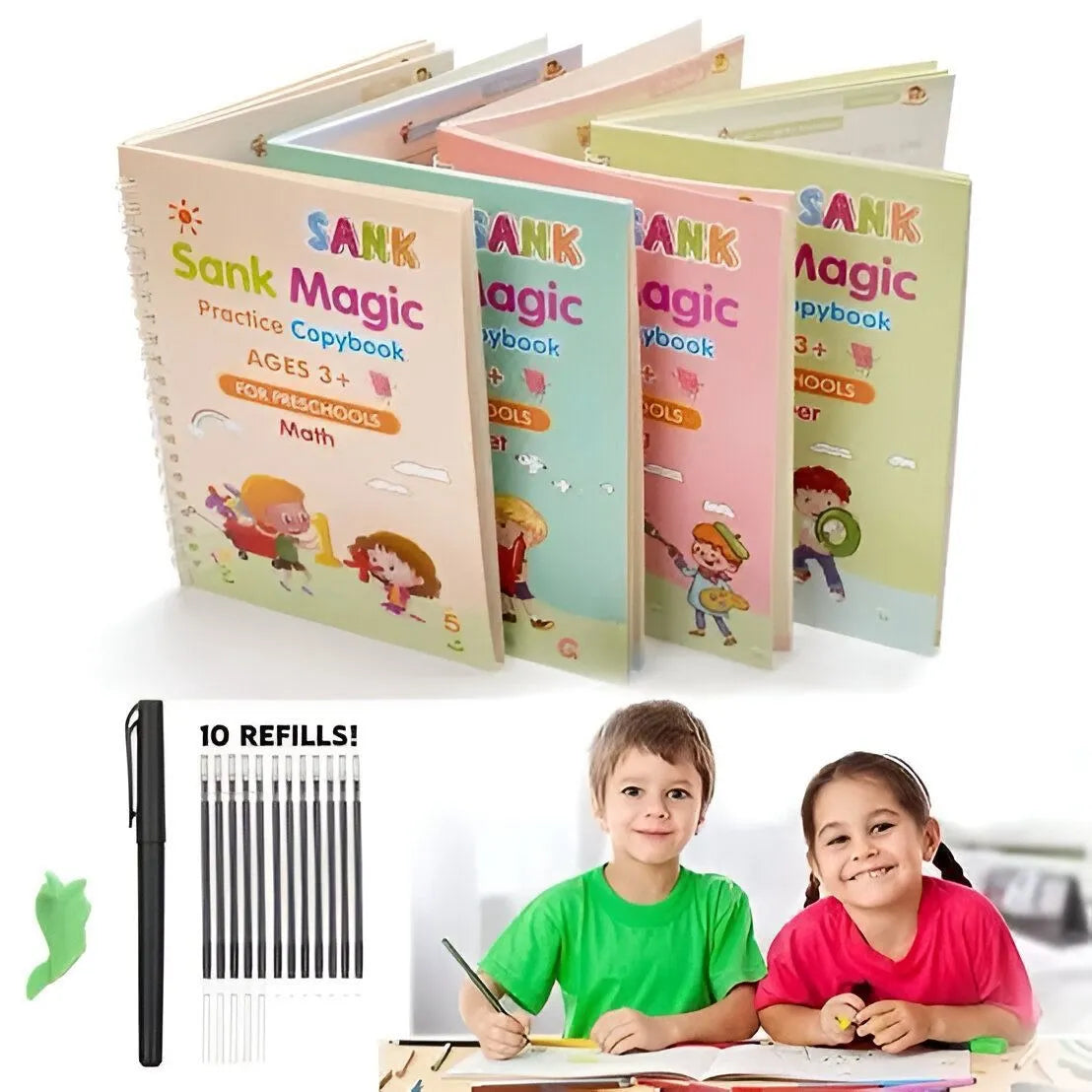 Set of 'Sank Magic' practice copybooks for children with refills and a pen, featuring colorful covers and cartoon characters.