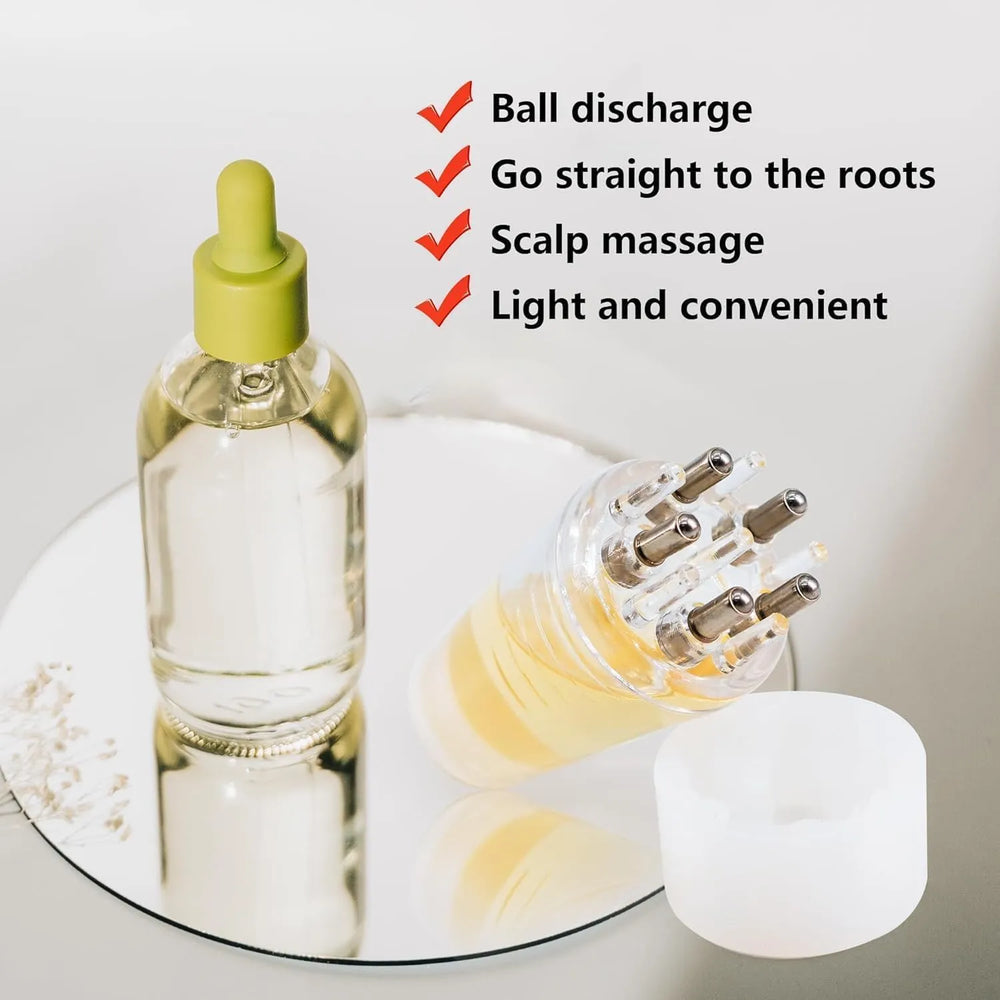 Bottle with a green cap and clear liquid, accompanied by text highlighting features on a white background.
