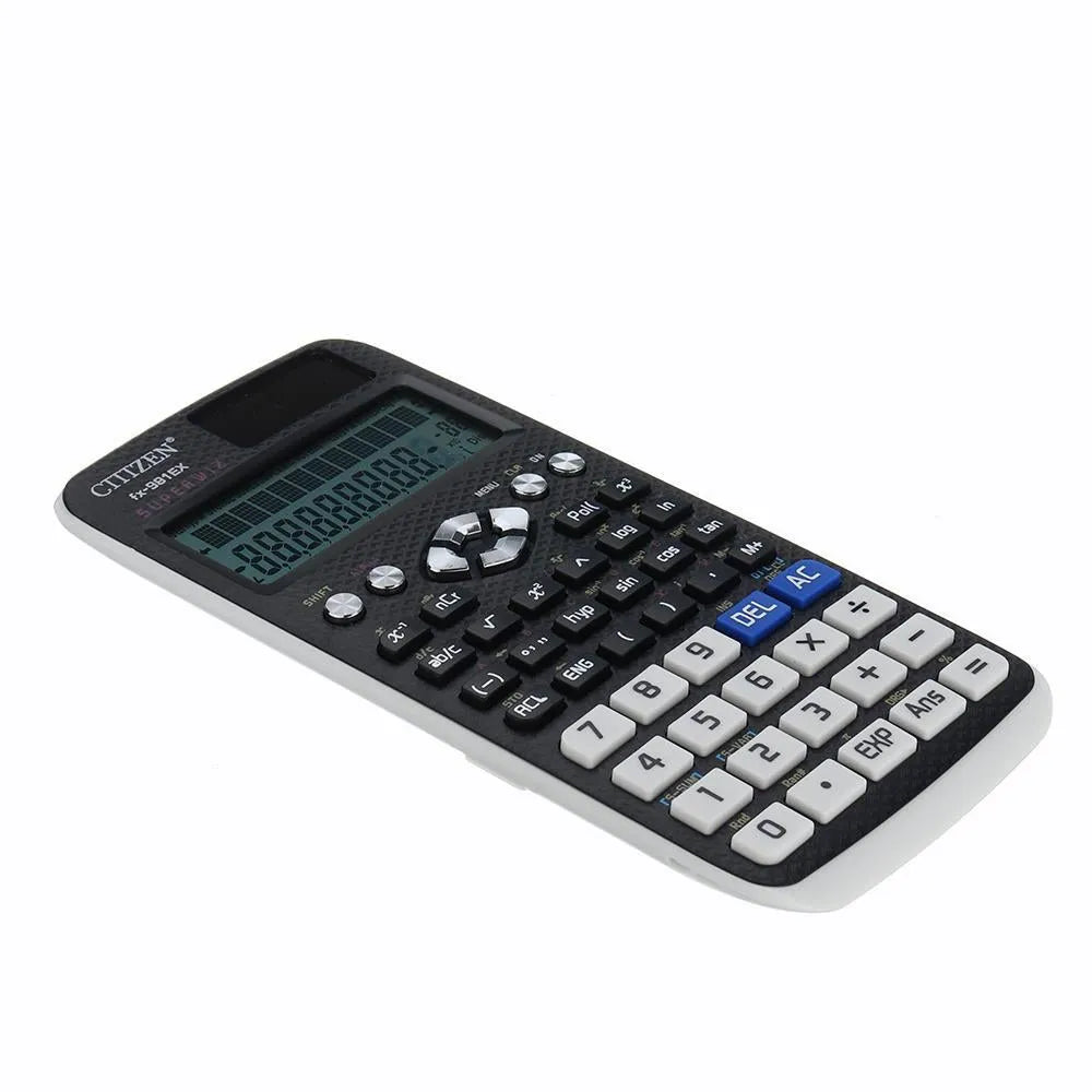Black and white calculator with visible brand name on a white background