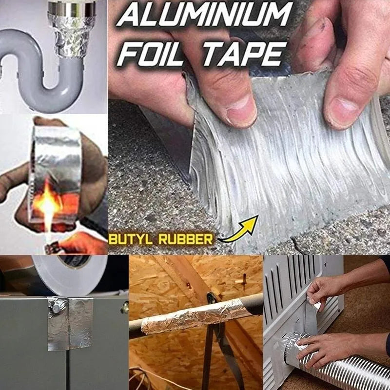 Collage of images showing the use of aluminium foil tape with butyl rubber, including sealing pipes and heating it.