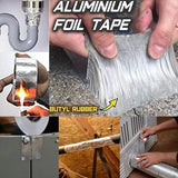 Collage of images showing the use of aluminium foil tape with butyl rubber, including sealing pipes and heating it.