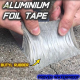 Person holding a roll of aluminium foil tape with text highlighting its features.