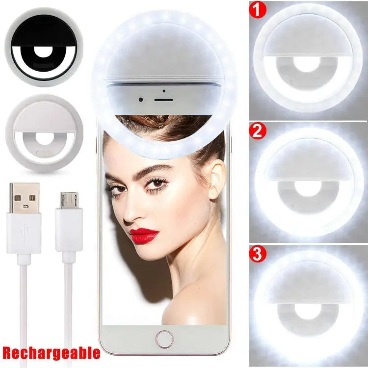 Phone with a selfie light attachment, USB cable, and close-up of light on phone screen.