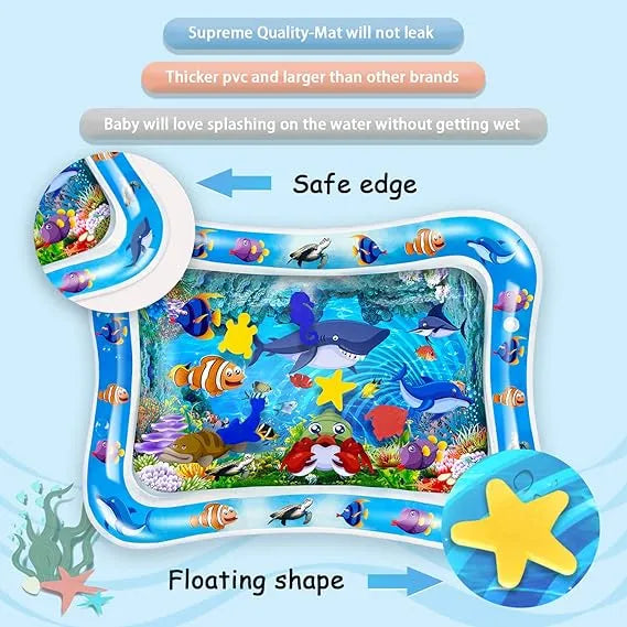 Children's inflatable play mat with ocean-themed design and features on a light blue background.