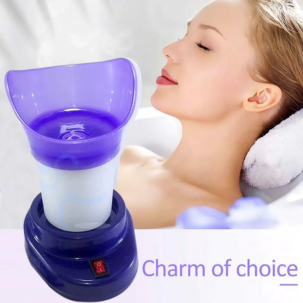 Woman receiving a facial treatment with a purple device labeled 'Charm of choice'.
