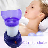 Woman receiving a facial treatment with a purple device labeled 'Charm of choice'.