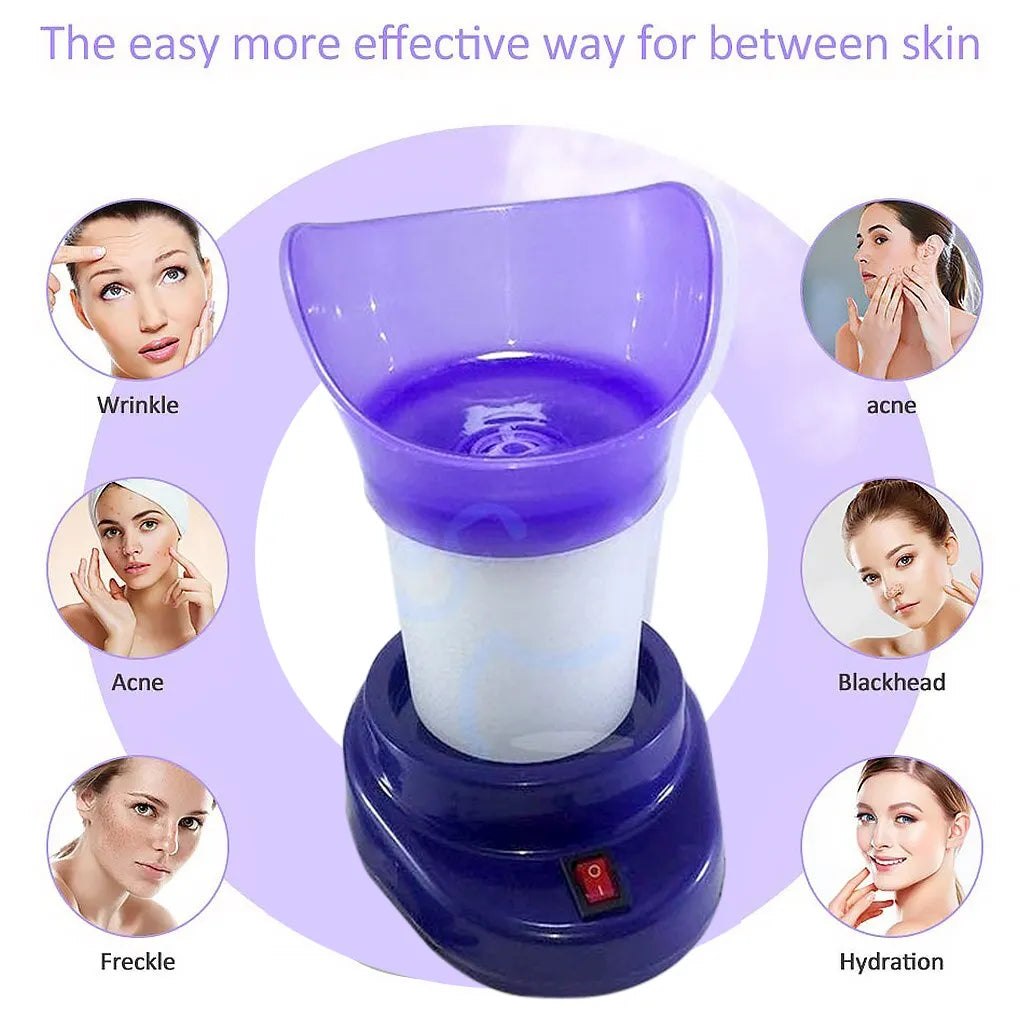 Facial steamer with purple top and white base, surrounded by images of skin concerns and solutions.