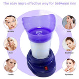 Facial steamer with purple top and white base, surrounded by images of skin concerns and solutions.