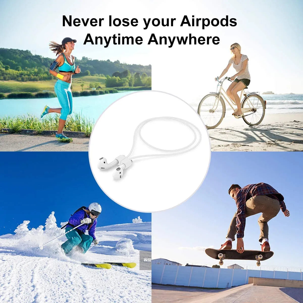 Silicone anti-loss strap for AirPods providing a secure and comfortable fit while on the move.