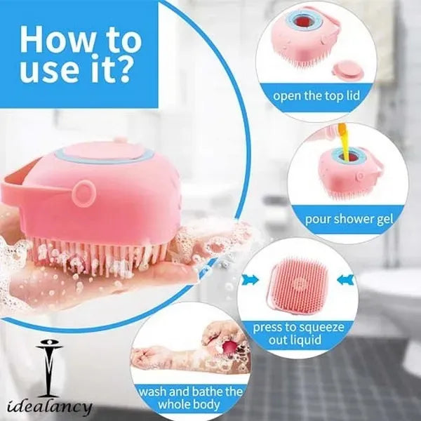 Instructions on how to use a pink shower scrubber with Idealancy branding.