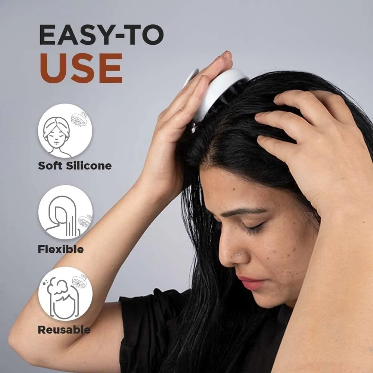Woman using a hair care product with text 'Easy-to-Use' and icons indicating soft silicone, flexibility, and reusability.