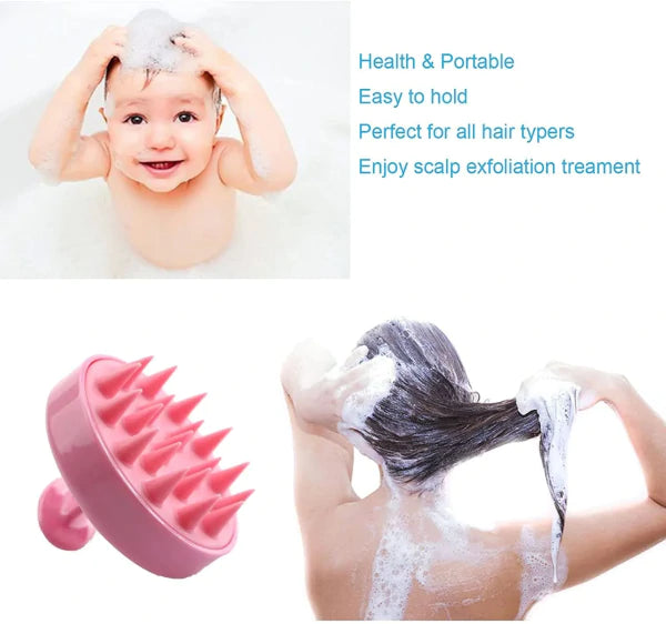 Baby bath product with text on health, portability, and scalp exfoliation.