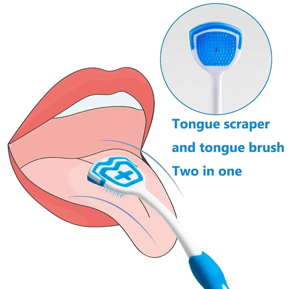 Silicone tongue scraper with flexible bristles for comfortable and efficient tongue cleaning.