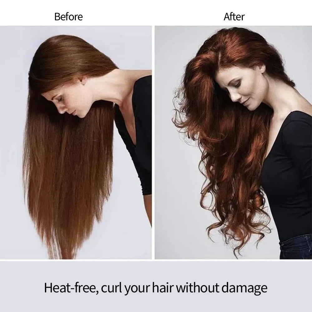 Before and after comparison of hair styling with text 'Heat-free, curl your hair without damage'.