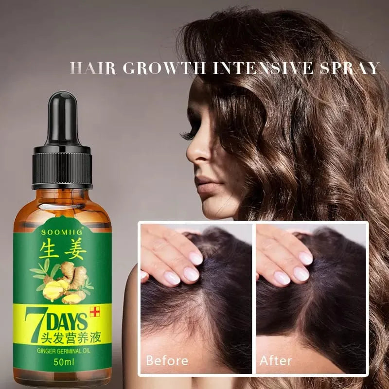 Hair growth intensive spray bottle with before and after hair growth comparison on a woman's head.